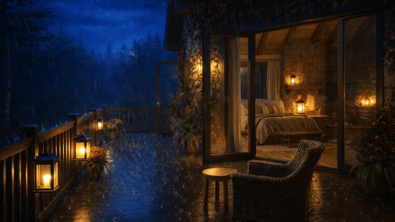 Heavy Rain Storm at Forest Cabin | 8H Wooden Deck Rain Sounds for Deep Sleep