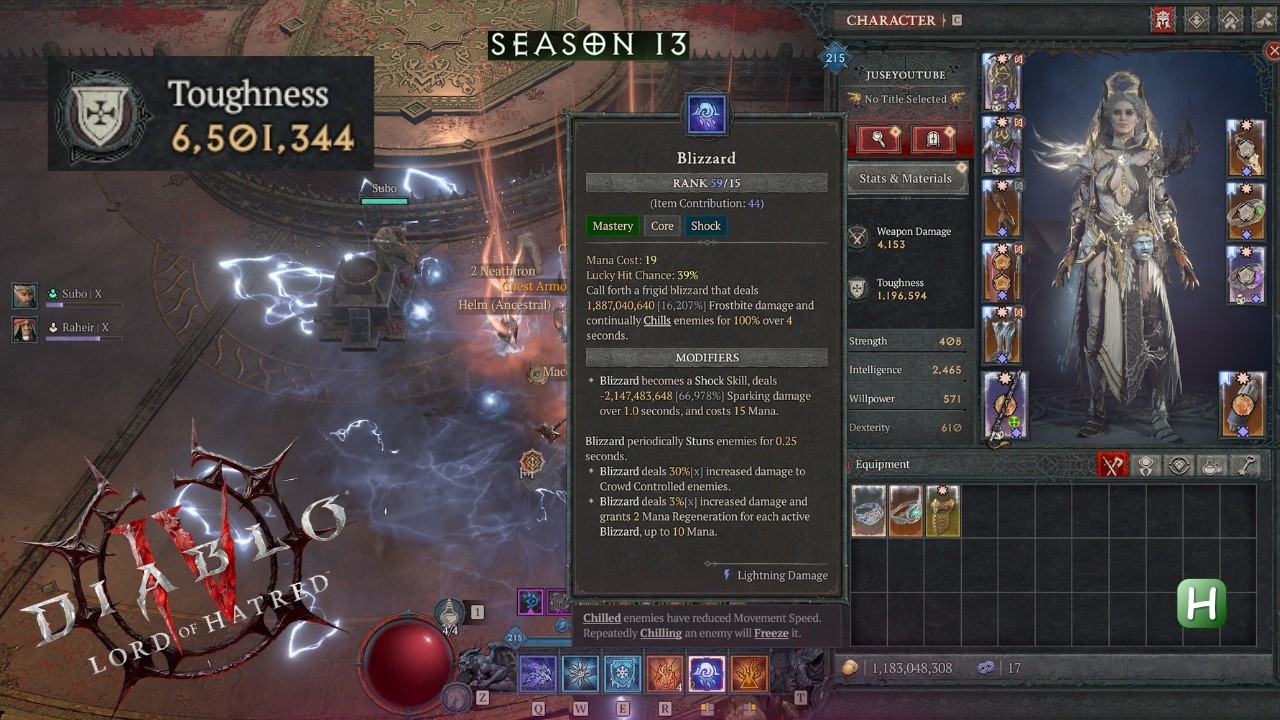 T12 Belial Kill - 6M+ Toughness Lightning Blizzard Sorc P215 | Diablo 4 Season 13 Day 4