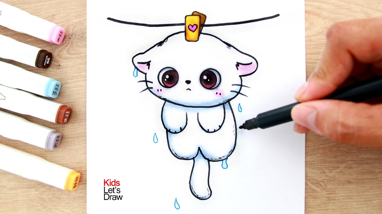 Cómo dibujar un GATITO CUTE Mojado Colgado Secándose (˶˃ ᵕ ˂˶)