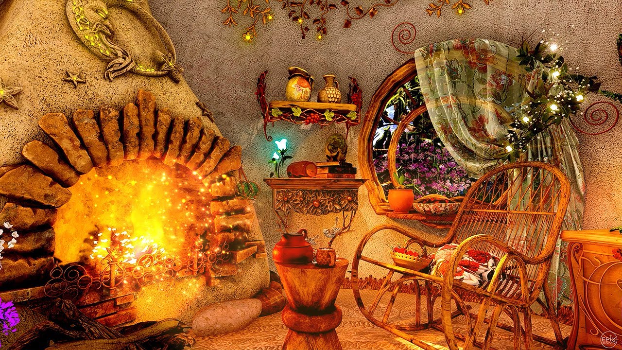 Sit by Fire & Rain in the Mushroom Cabin Magical Cozy AMBIENCE 🍄🔥 For Sleep & Relaxation