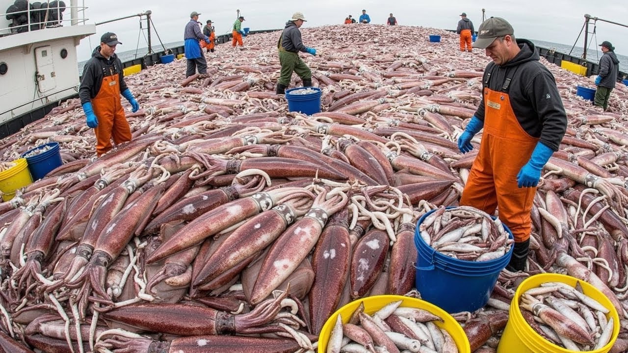 Long Fishing Line Captures Giant Squid, Hundreds of Tons of Squid Pulled Up!