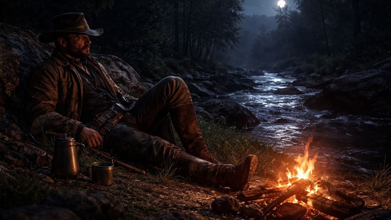 Arthur Morgan Resting by the Flowing Stream | Campfire, Mountian Stream, Forest Ambience | RDR2 ASMR