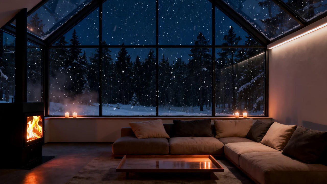 Winter Cabin Ambience  Snowstorm Outside with Crackling Fireplace for Sleep, Focus and Relaxation