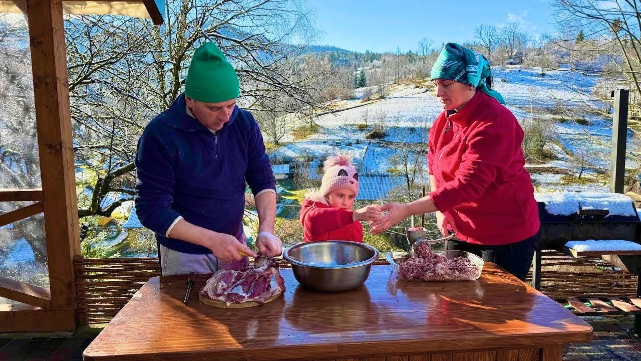 Winter Village Life in the Carpathian Mountains | Hutsul Family Pork Butchering & Homemade Sausage