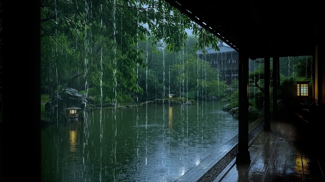 🌧️ Gentle Rain on Garden Pond | ASMR Rain outside Forest Cabin to Improve Sleep & Reduce Stress