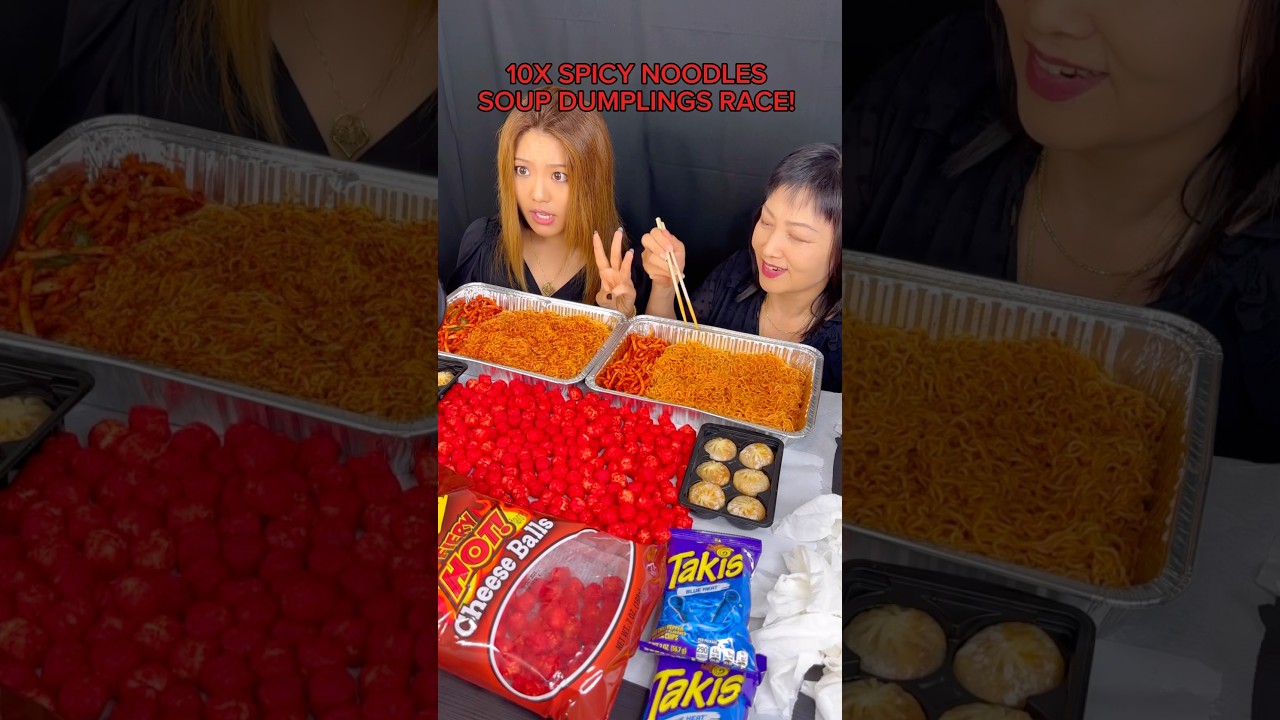 10x spicy ramen and soup dumplings race! #food #eating #challenge
