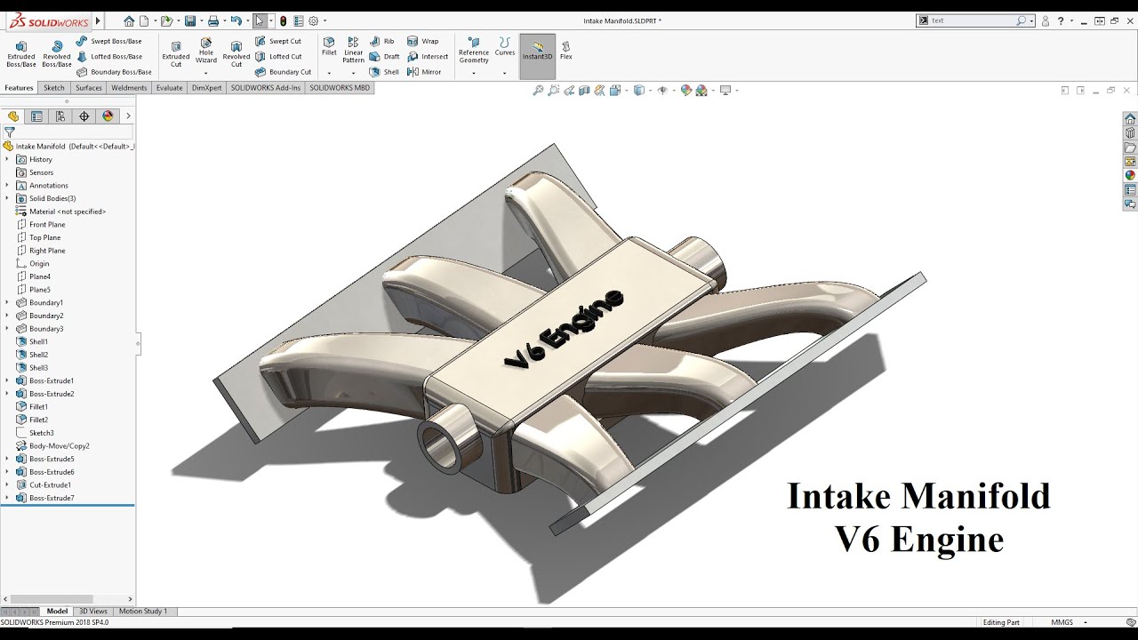 Впускной коллектор двигателя V6. Учебное пособие SolidWorks 2021! Учитесь дома :D