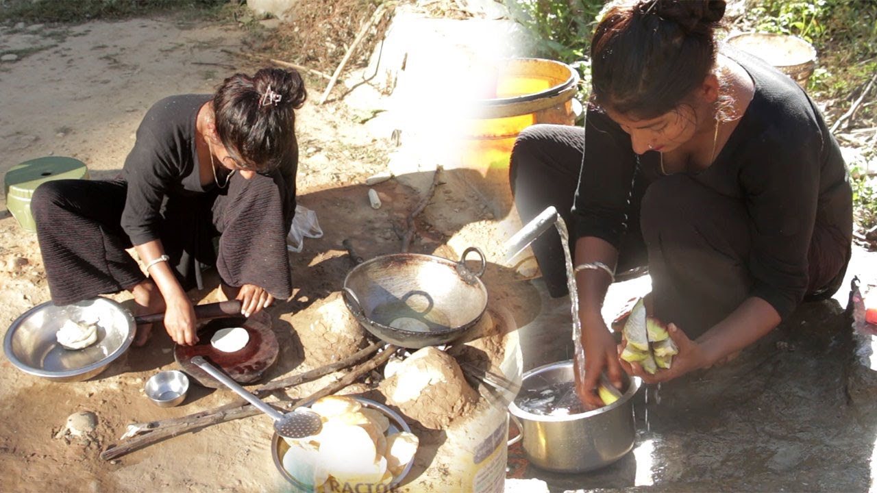 beautiful village girl cooking and eating puri and banana flower pickle vlog rural lifestyle