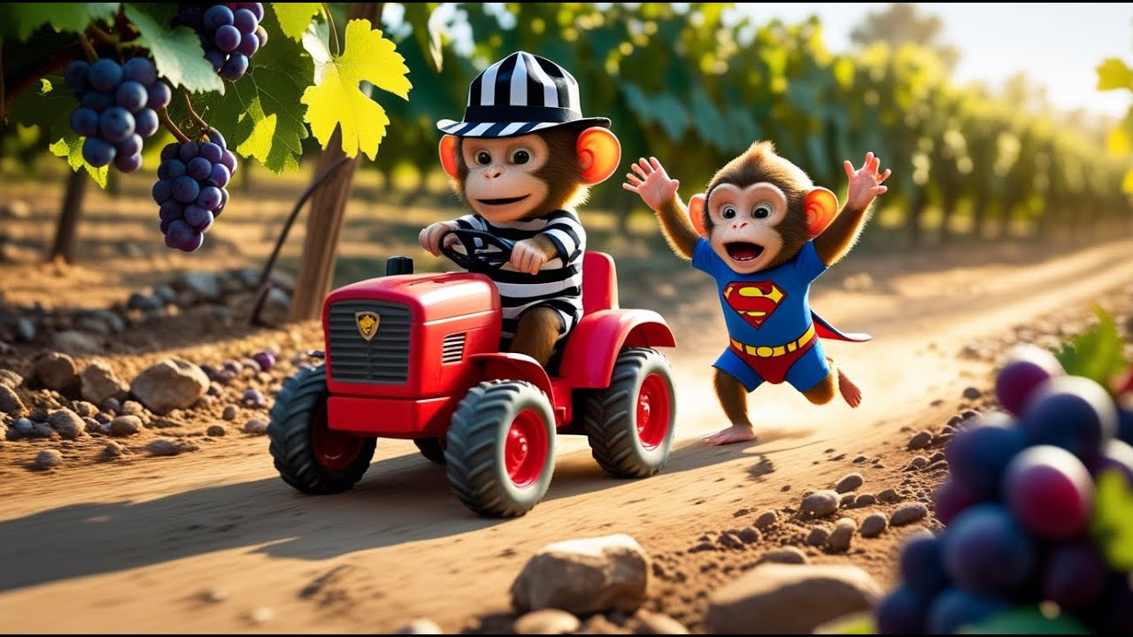 Monkey Boo Drives Tractor to Harvest Grapes and Catch a Sneaky Thief on the Farm! 🐒🍇🚜