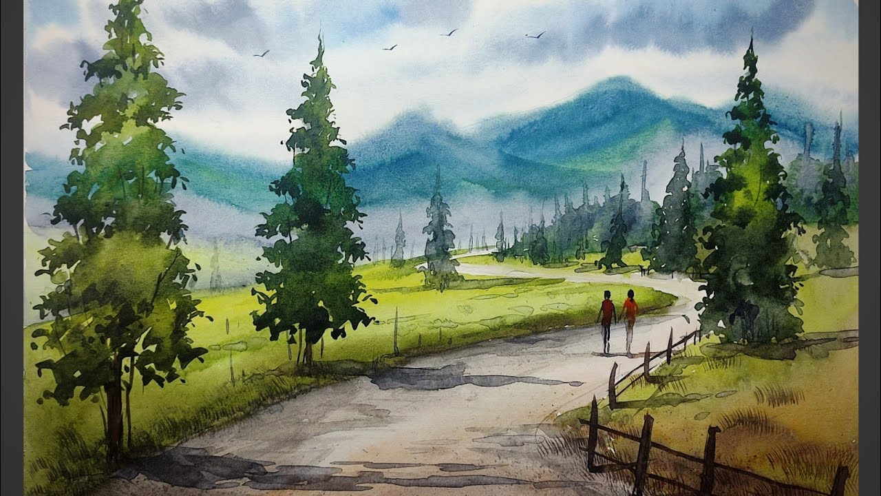Watercolour painting | Hill area landscape painting | 