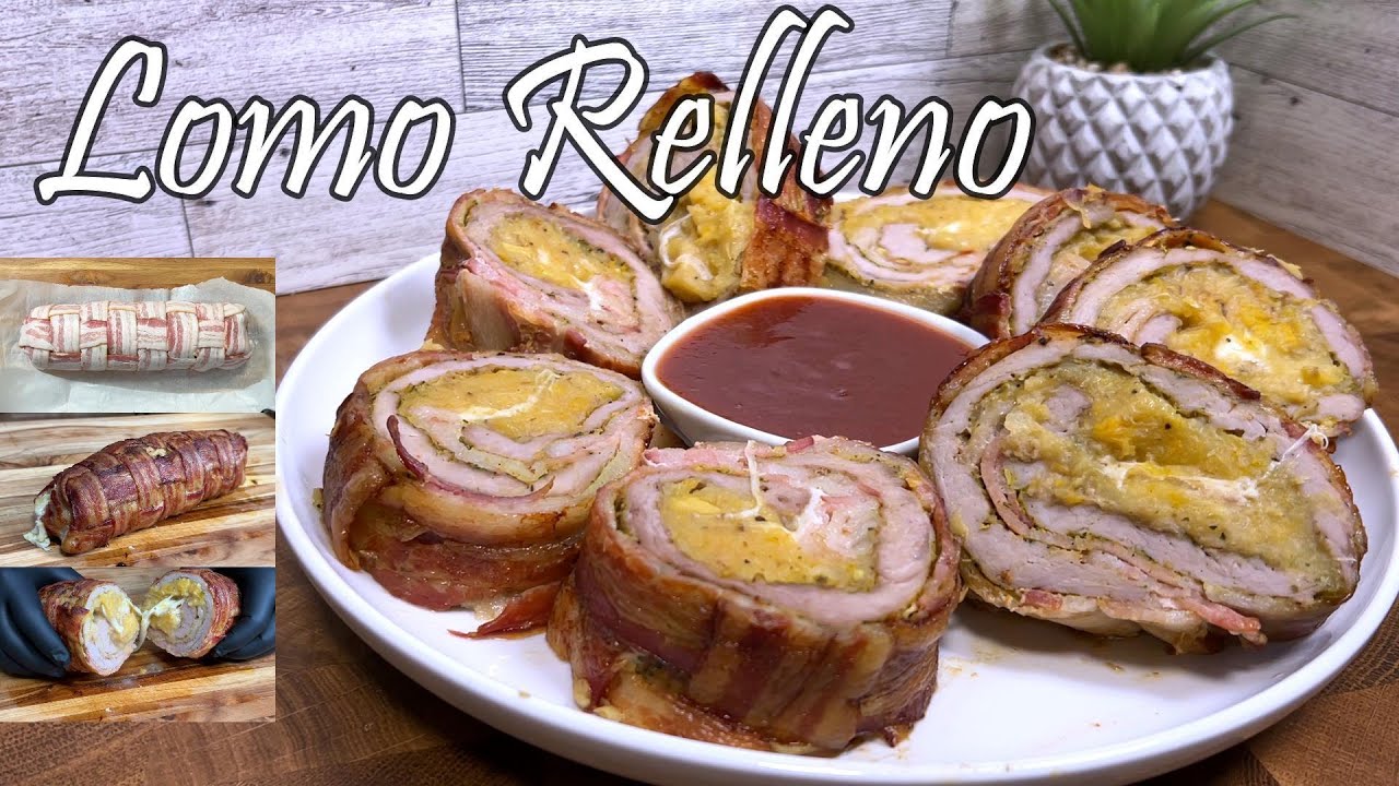 Lomo de Cerdo relleno de majado de Yuca, Maduros y Queso envuelto en Bacon (Bacon weave)