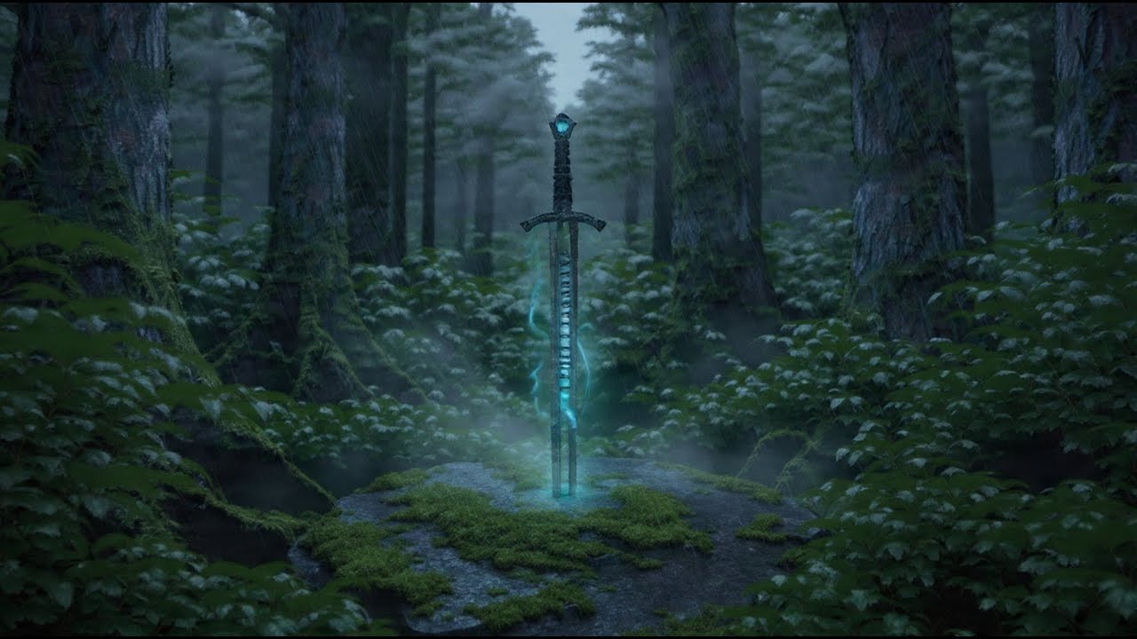 Rainy Dark Forest Path with Medieval Knight Sword