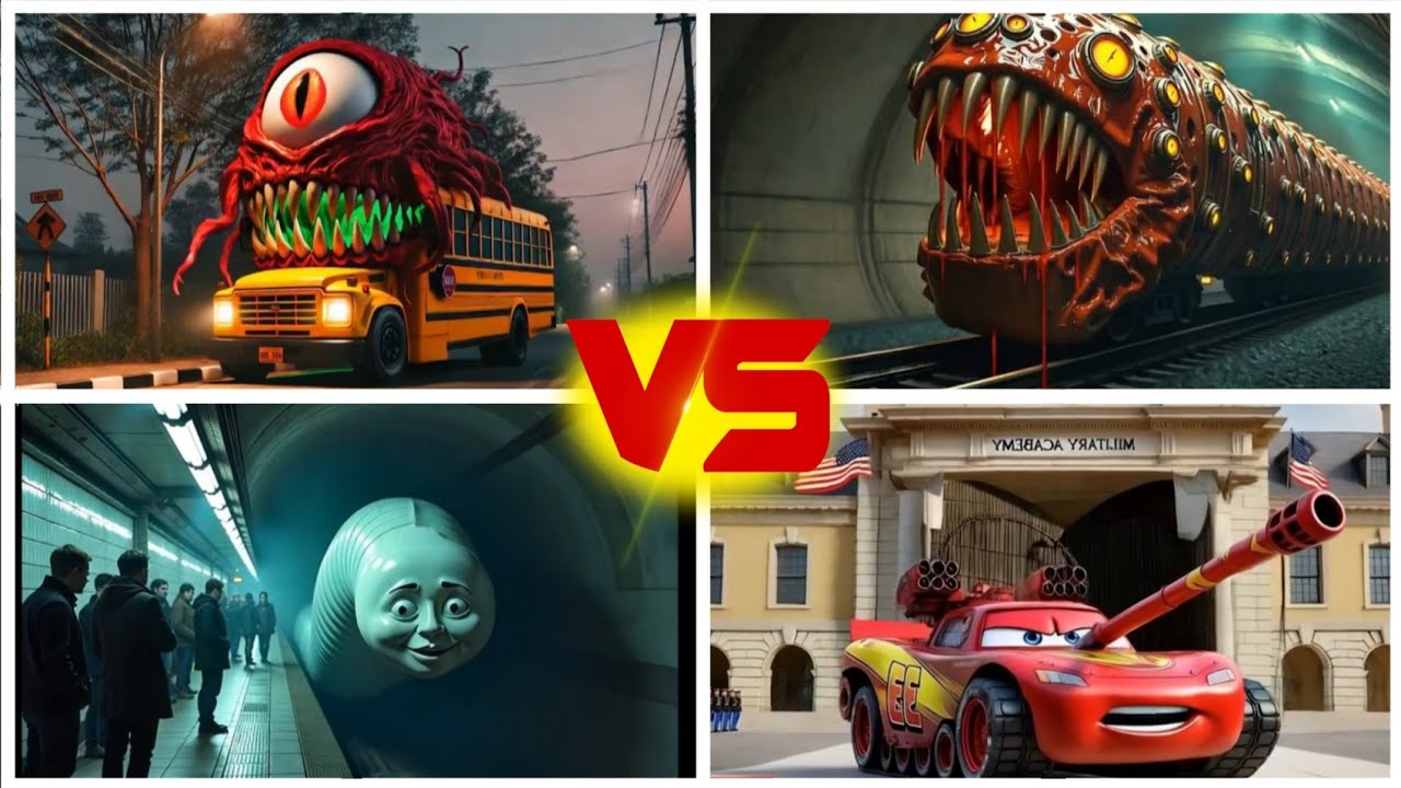 School Bus Monster vs Train Eater vs Thomas vs McQueen    Monster Music Battle!