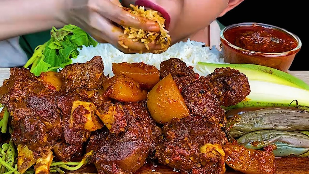 MUKBANG EATING||SPICY MUTTON WITH POTATO CURRY & WHITE RICE