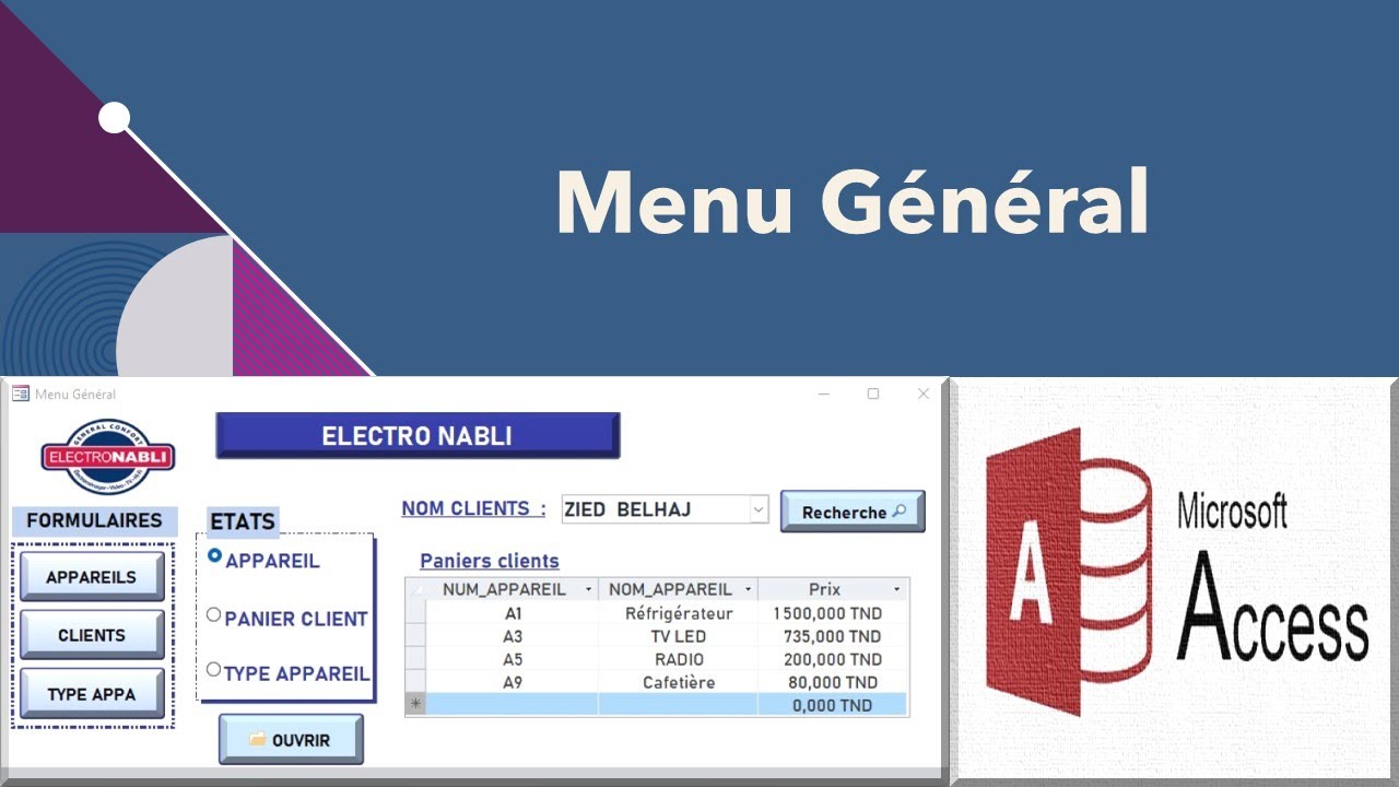 Menu général Access : Macros, Boutons, Groupe d'options, Zone de liste déroulante, etc.