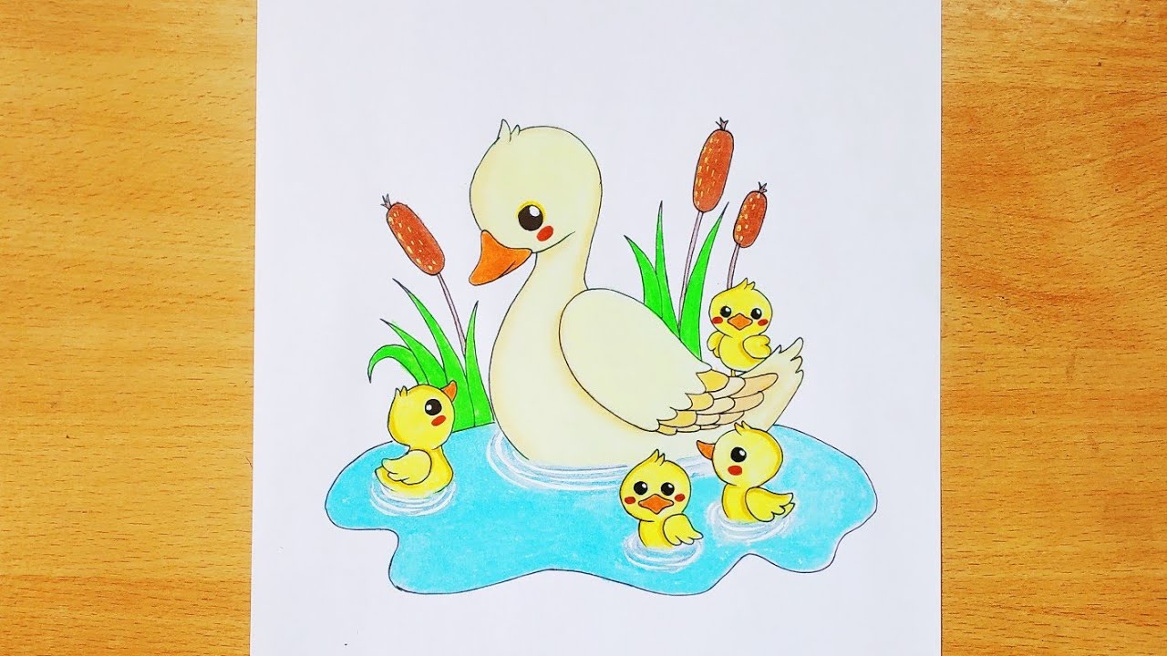 How to draw mother duck and it's four ducklings || Step by step / Art Video