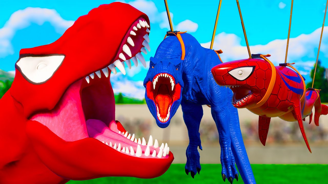 All Spider Man Dinosaurs Fighting vs Superheroes T-Rex in Spider Man Bridge Jurassic Spiderman