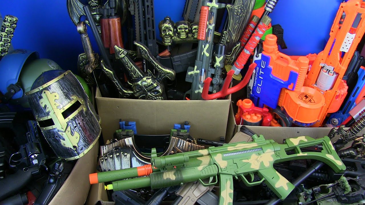 Box of Toy Guns ! Lots of Guns Toys & Equipment - Rifles,Bomb,Nerf,Swords,Knife Toys and more ....
