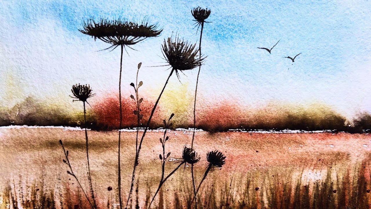 Loose Watercolor Landscape with Dark Flowers | Step by Step