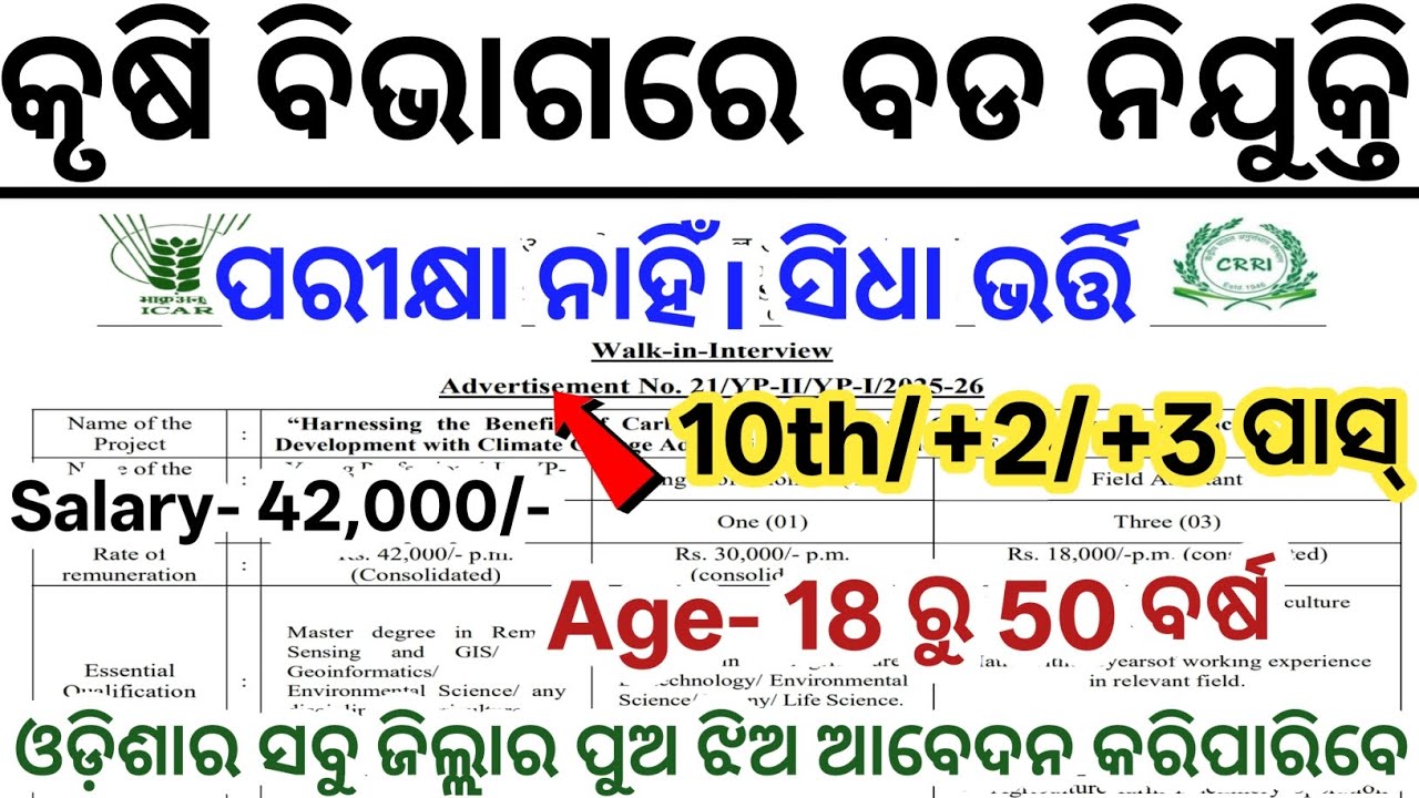Odisha Agriculture Office Jobs 2025// Odisha Krushi Vibhag Nijukti 2025// 10th Pass New Govt Jobs