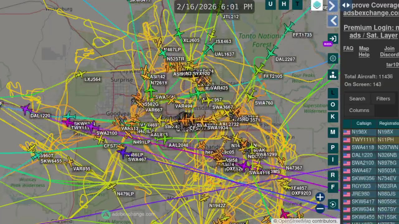 Phoenix Arizona AIr Traffic TIme Lapse - Feb 22 2026 -