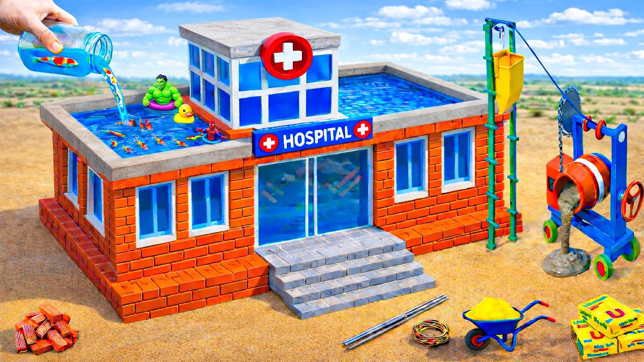 DIY Construction Science Project - Building a Modern After Monster Attack Hospital Pool With Brick