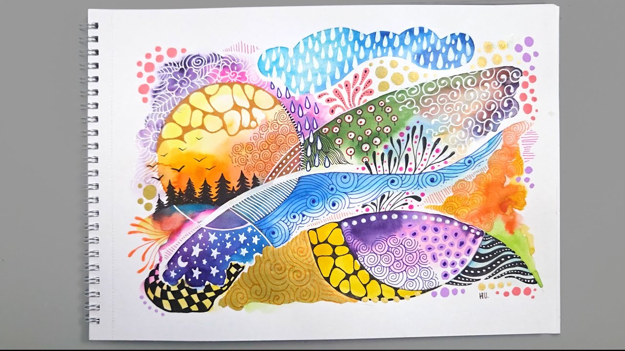 Relaxing Watercolor Zentangle Landscape | No Talking | Calm & Mindful Art