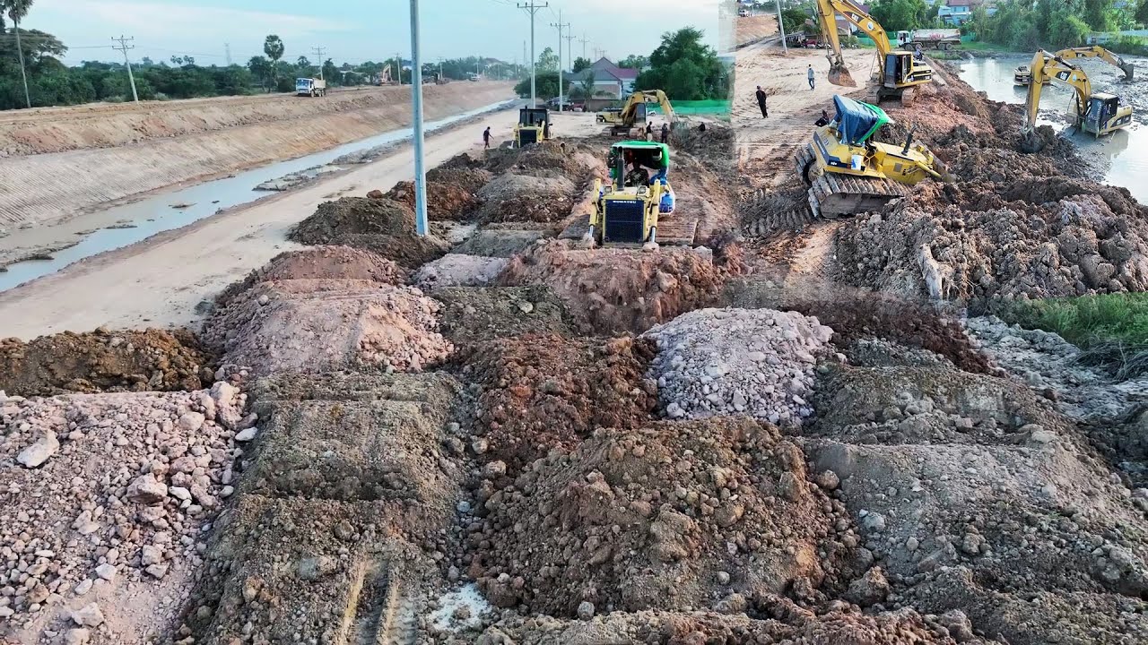 Huge Canal Construction heavy machinery truck Bulldozer Building Side Road Expand Truck Delivery