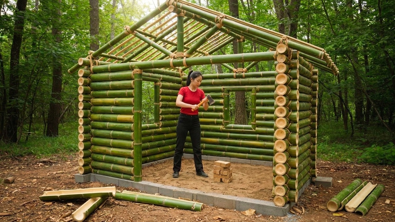 Young girl spent 7 days building a cozy bamboo house in the jungle - Survival skills