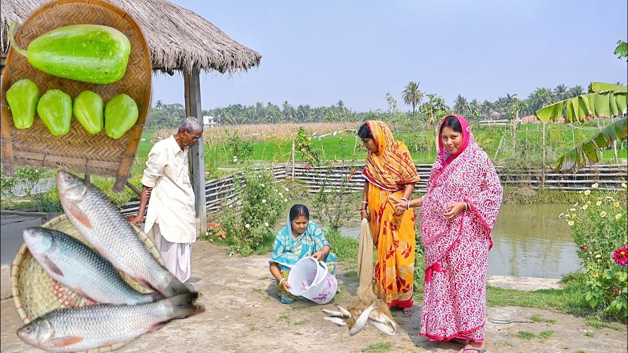 আজ বাড়ির পুকুরে মাছ ধরে পাহাড়ি সব্জি দিয়ে রান্না করলাম সাথে লাউচিংড়ি রেসিপি || village fishing