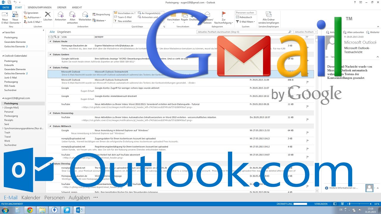 Gmail mit Outlook verkn&uuml;pfen - Tutorial [Microsoft Outlook, Googlemail einrichten]