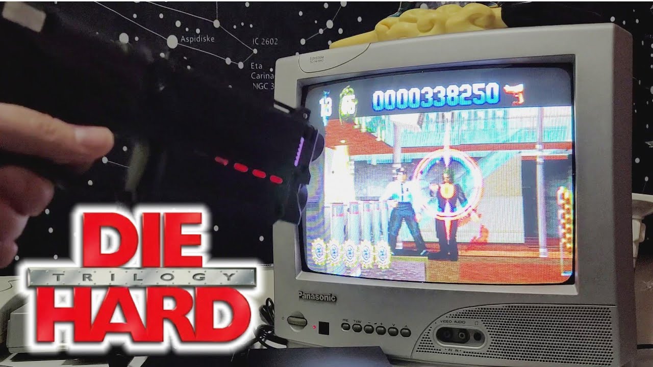 Die Hard Trilogy gameplay with a light gun on an original PS1 and a CRT TV