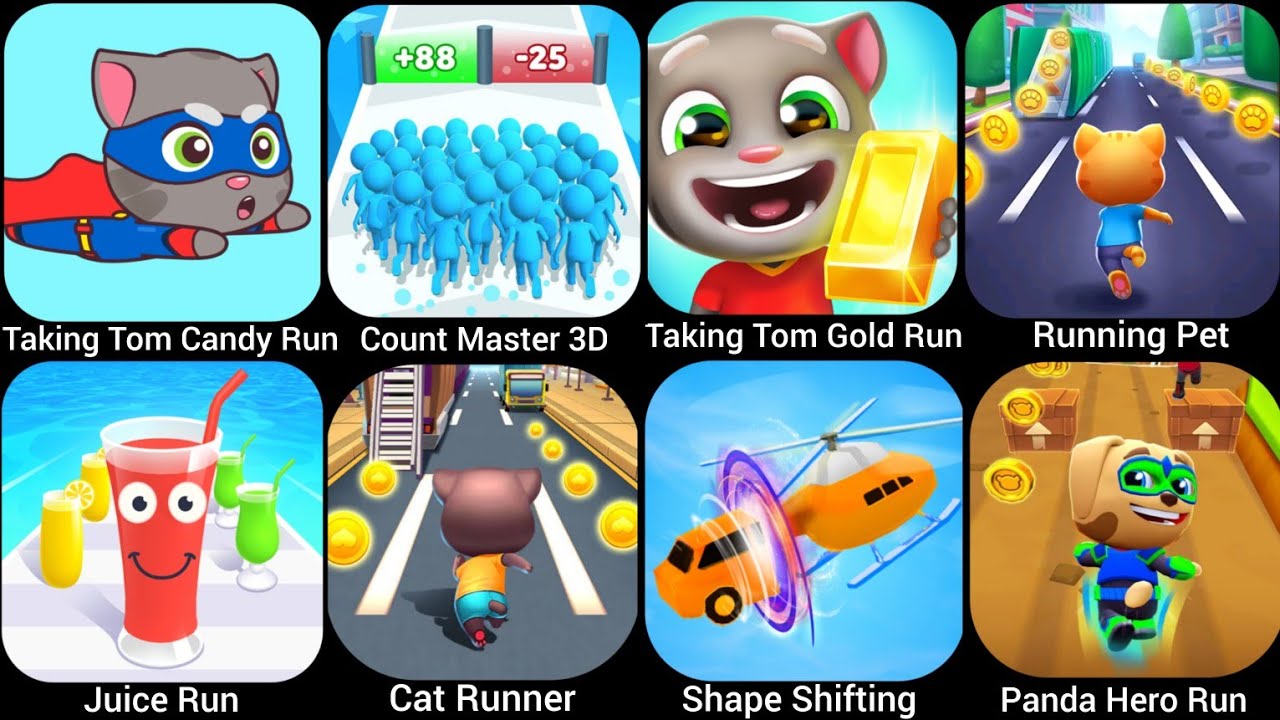 Talking Tom Candy Run, Shape Shifting,Cat Runner, Count Master 3D, Panda Hero Run, Running Pet....