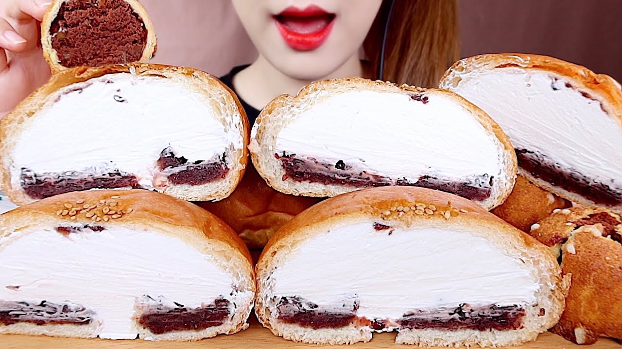 ASMR CREAM RED BEAN READS, RED BEAN PIE MUKBANG 베비에르 크림단팥빵, 마왕파이 먹방 eating sounds