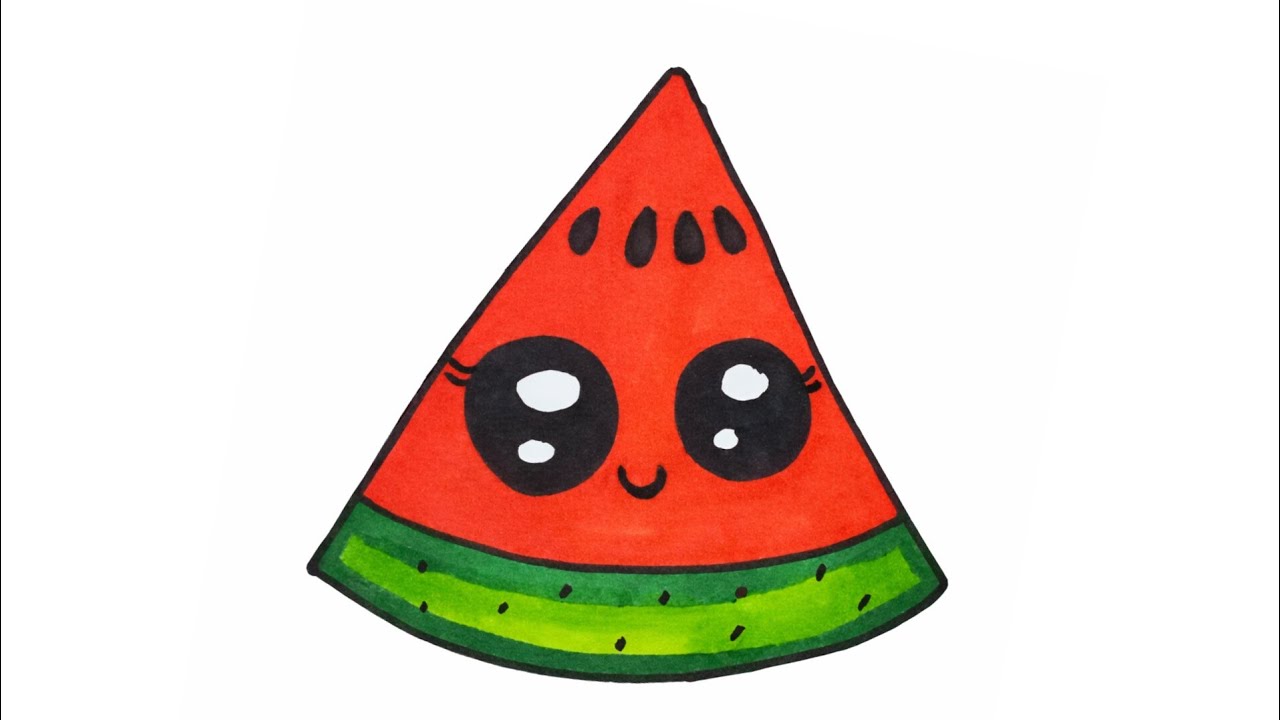How to Draw a cute watermelon slice | Easy kawaii drawing step by step