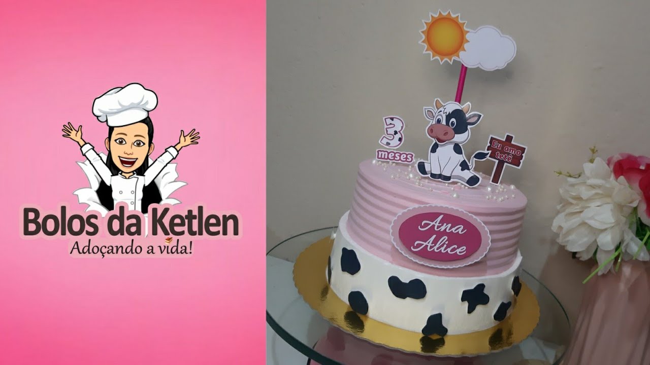 Bolo vaquinha | Mesversario | Menina | Topper | Redondo | 1 kg | Amo tetê | 3 meses | Chantilly.