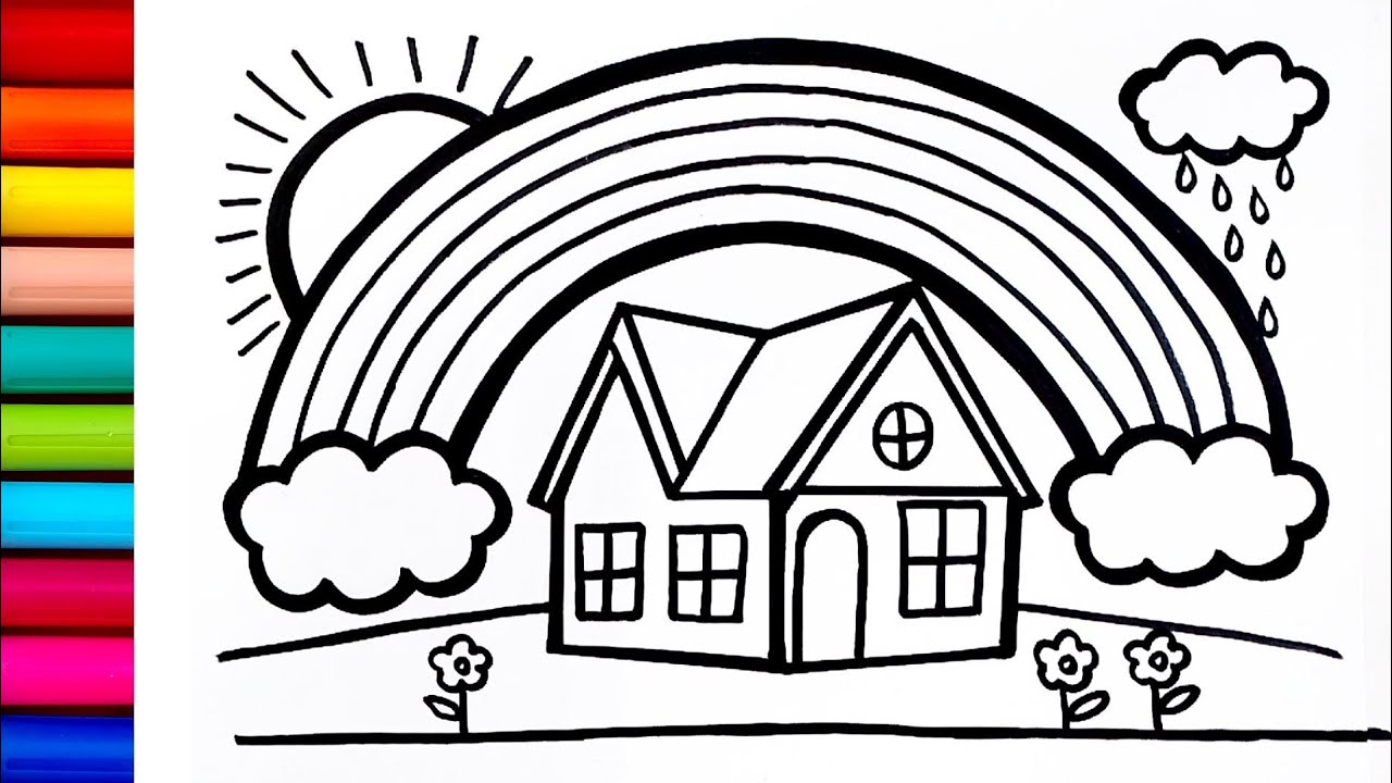 Rainbow Cloud, House Drawing for Colouring| How to Draw Rainbow Clouds Easy