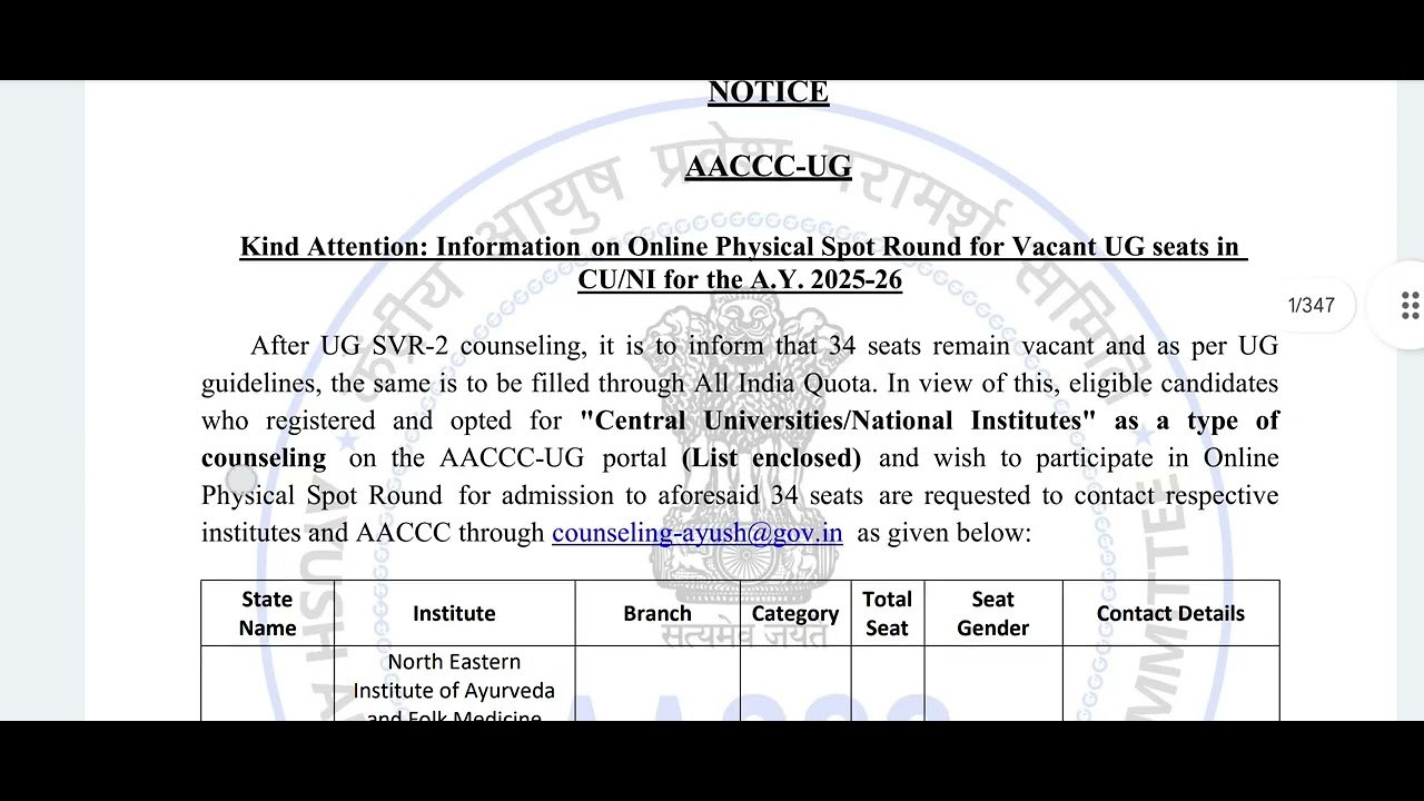AACCC-UG 2025 Spot Round Notice OUT | 34 Vacant Seats| CU/NI Online Physical Spot Round Full Details