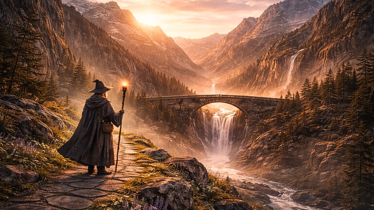 Path of the Wizard: Whispering Falls Bridge | Calm Medieval Fantasy Ambience