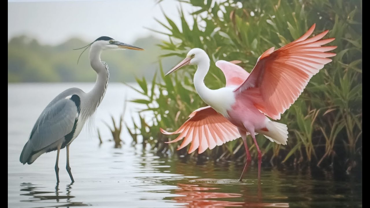 La Spatule Ros&eacute;e et le H&eacute;ron