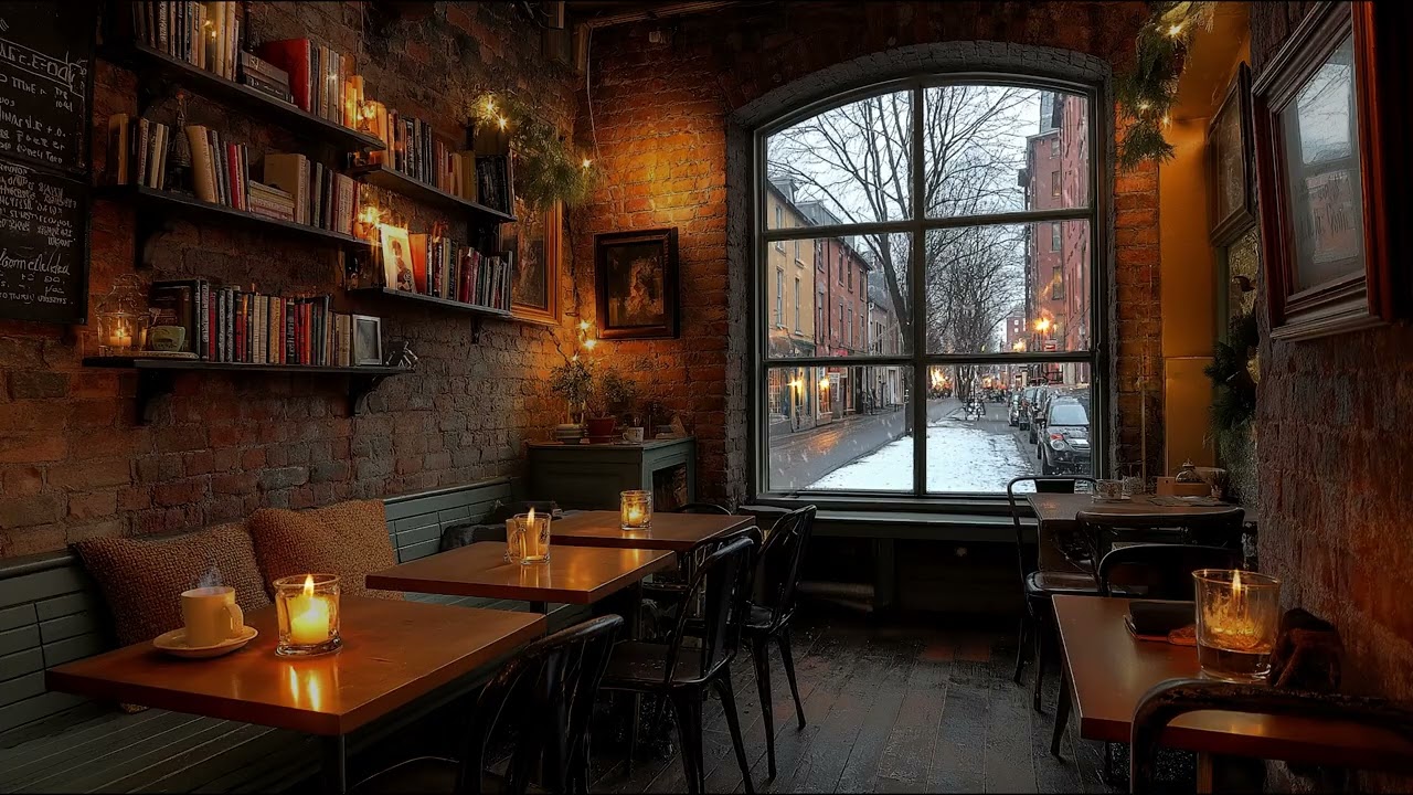 Cozy Coffee Shop by the Window with Gentle Piano Music and Snow Falling Outside for Deep Relaxation