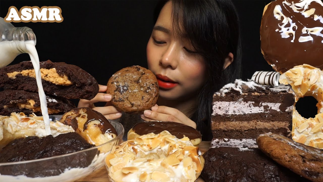 ASMR Soft Giant Cookies, DONUTS, Blackforest CAKE with Milk 🥛 | Eating Sounds