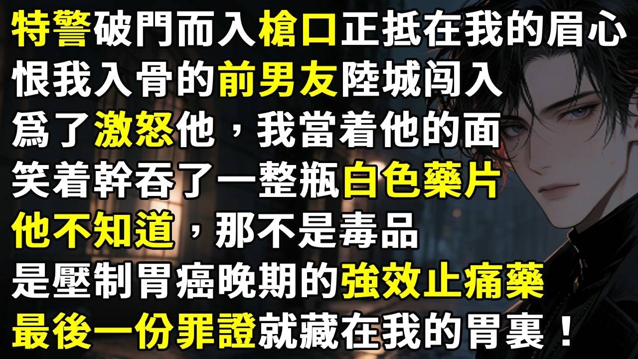 特警破門而入槍口正抵在我的眉心。持槍的是恨我入骨的前男友陸城。爲了激怒他，我當着他的面，笑着幹吞了一整瓶白色藥片。他不知道那不是毒品，是壓制胃癌晚期的強效止痛藥。最後一份罪證，就藏在我早已爛透的胃裏。