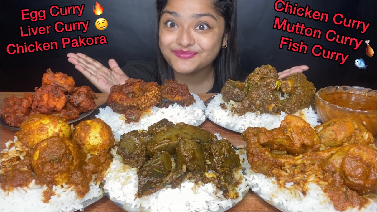 SPICY CHICKEN CURRY🔥SPICY MUTTON CURRY,EGG CURRY,MUTTON LIVER CURRY AND FISH CURRY WITH RICE EATING