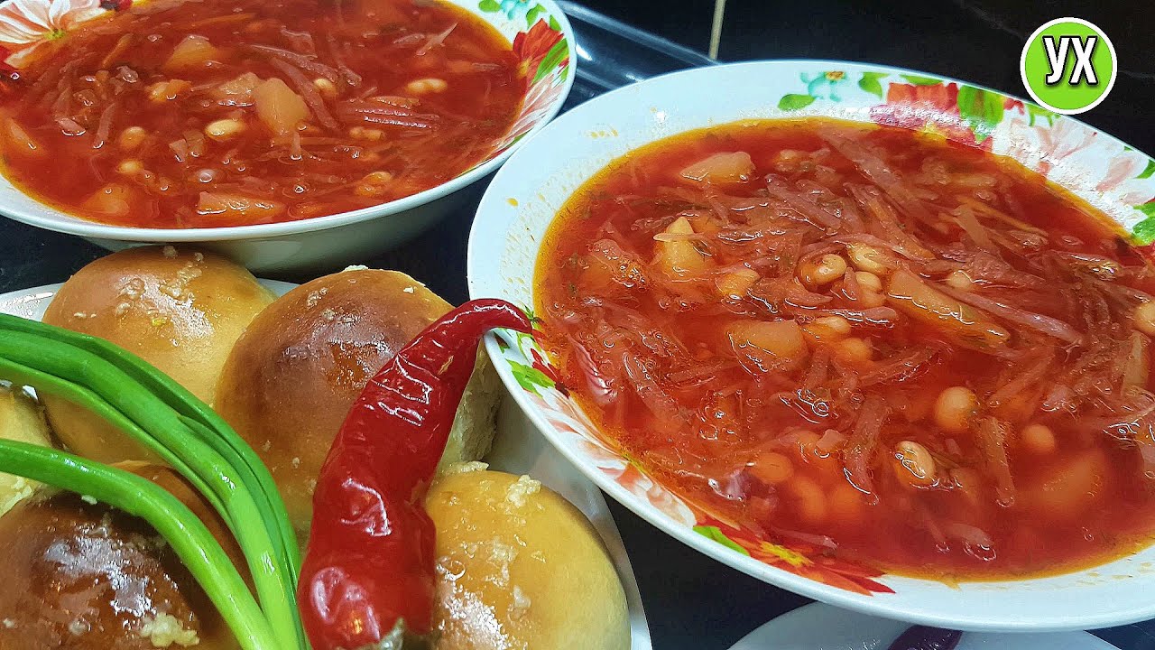 Борщ БЕЗ МЯСА с фасолью + быстрые пампушки с чесноком. Постный рецепт.