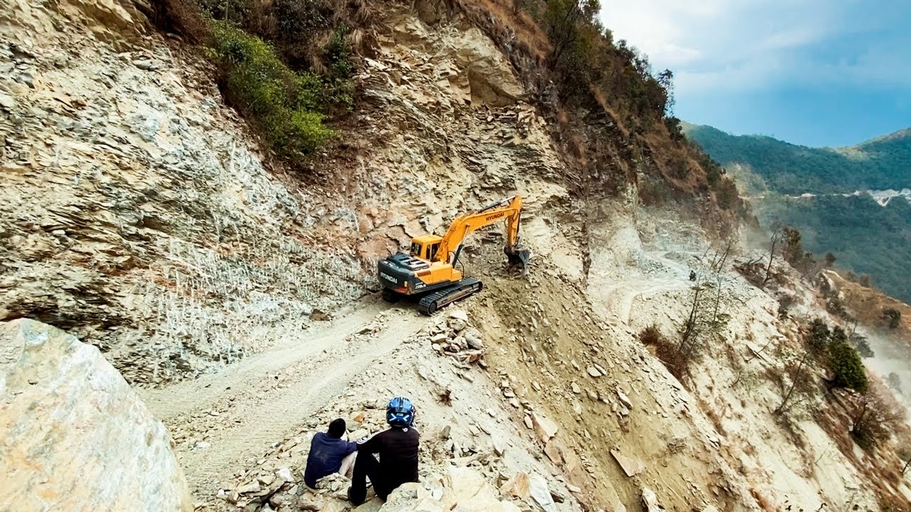 Construction Crew Fights Rock to Build a Shelf Road | Excavator Planet | Excavator Working Video
