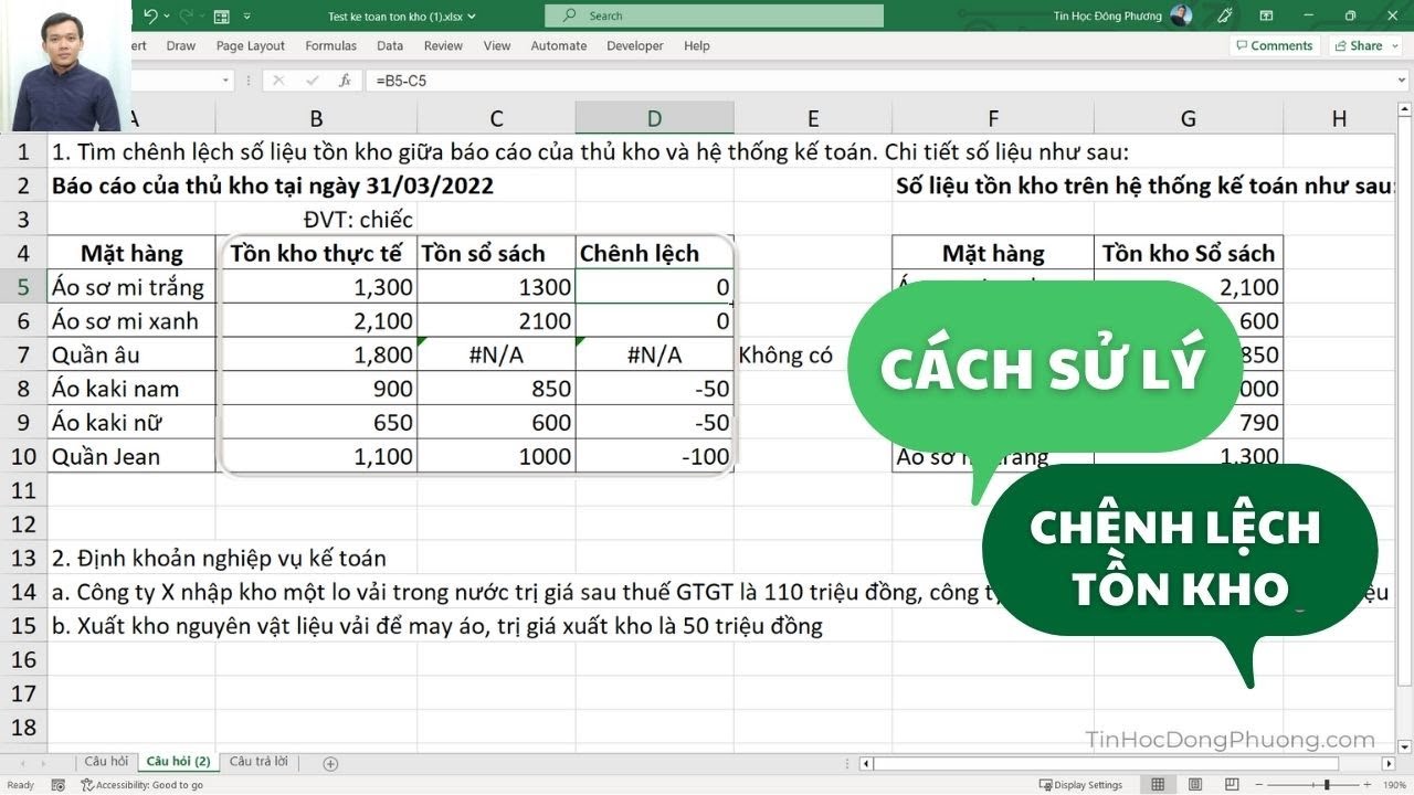 Hướng dẫn: Xử Lý Chênh Lệch Tồn Kho Trên Excel | Tin Học Đông Phương