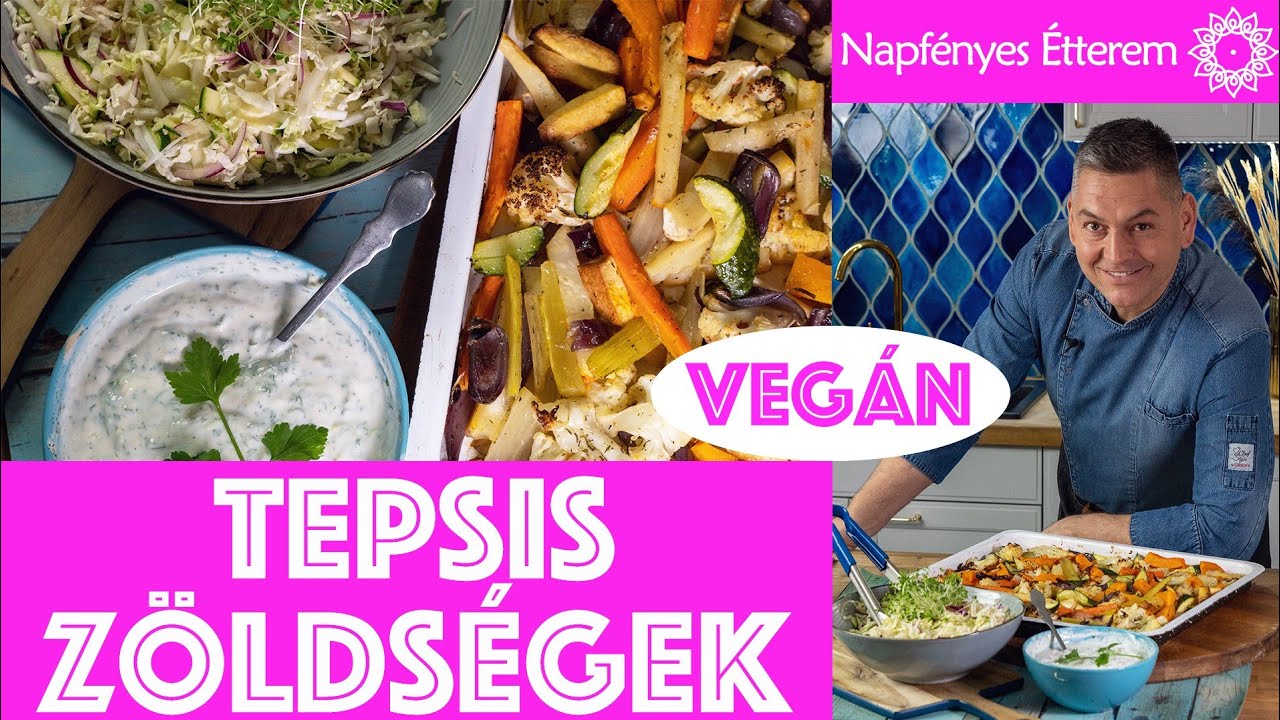 Tepsis sült zöldségek vegan yoghurt öntettel, kínai kel saláta