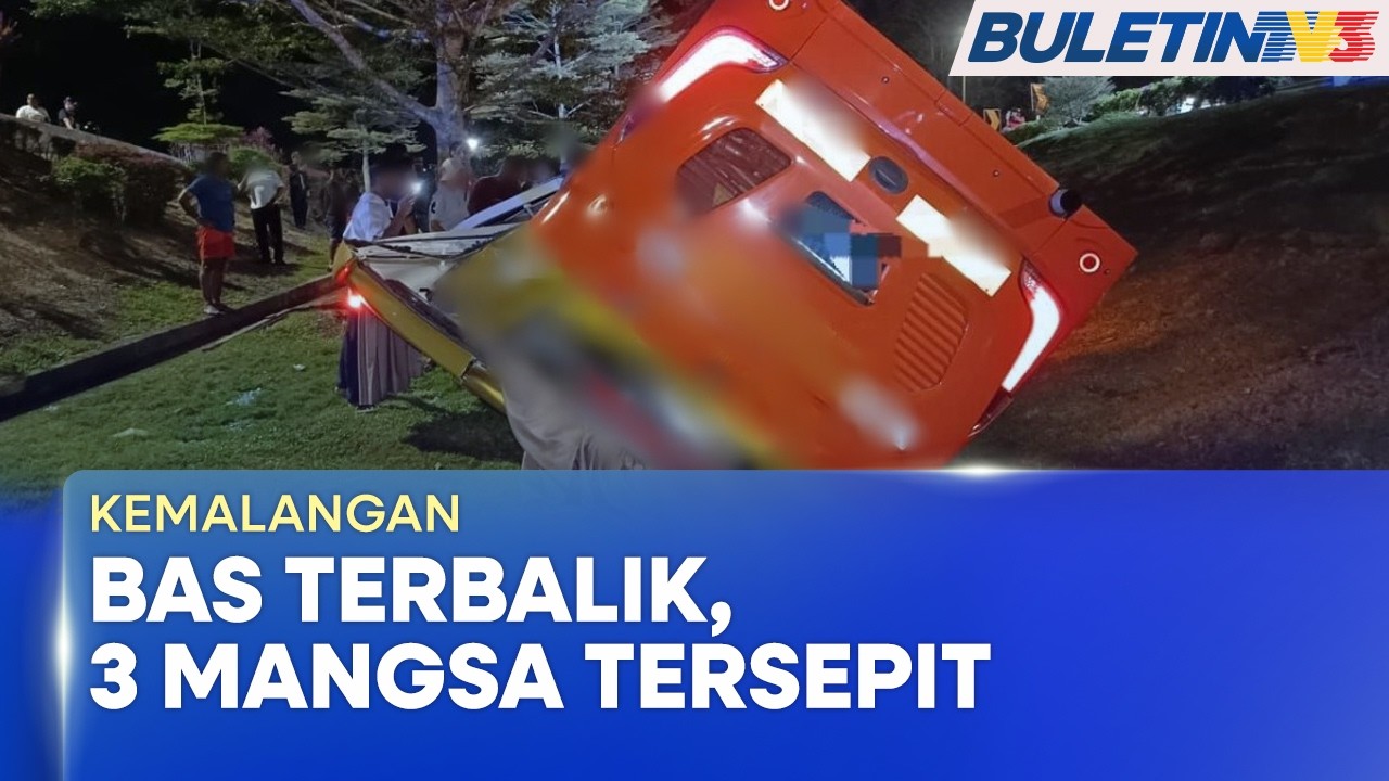 KEMALANGAN | Tiga Mangsa Tersepit, Bas Ekspres Terbalik Selepas Plaza Tol Skudai