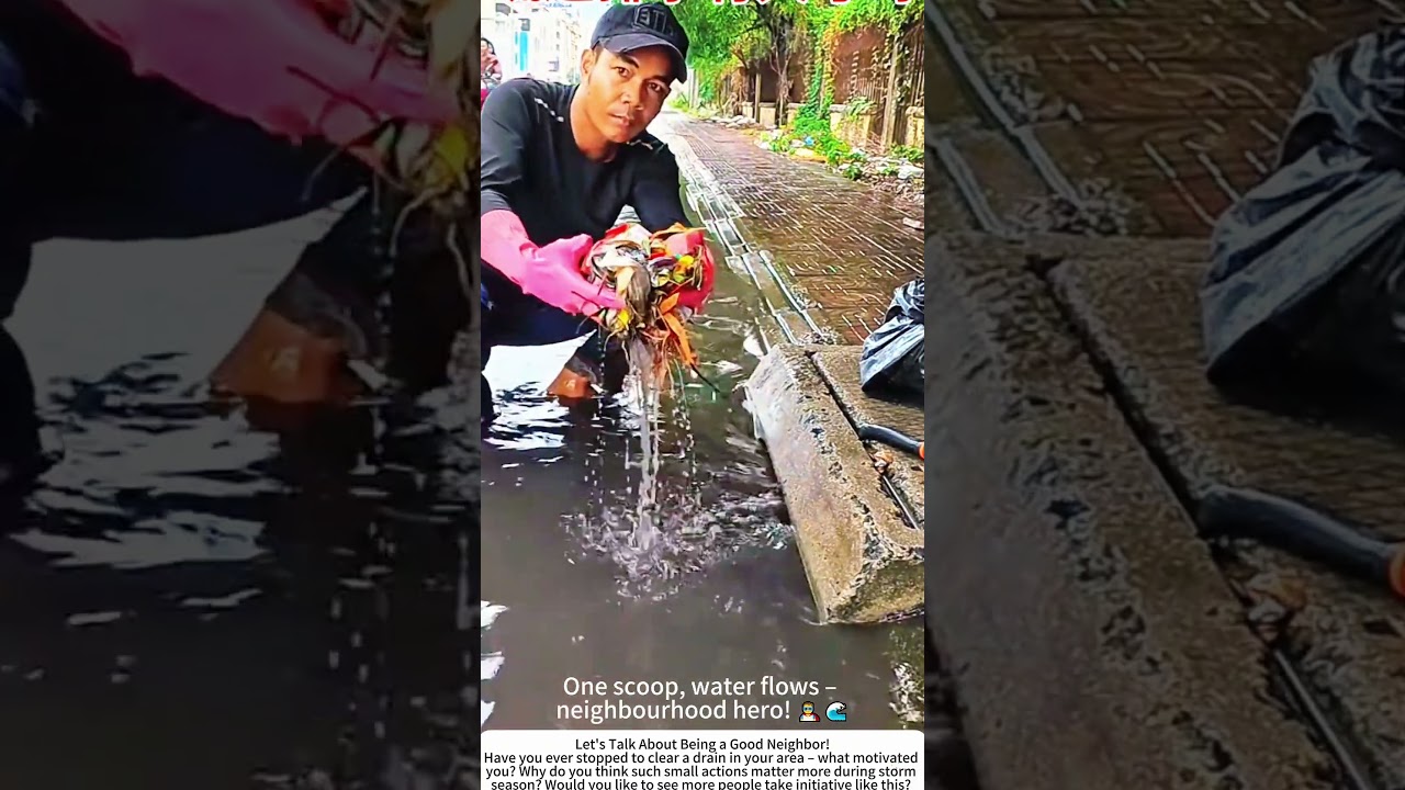 Man Unclogs Drain After Rain &ndash; Small Act, Big Difference 🌧️🧹